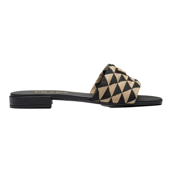 Prada Jacquard Triangle Logo Black Beige Tan Leather Slide Sandal Flat Mule 37.5 - Picture 3 of 16